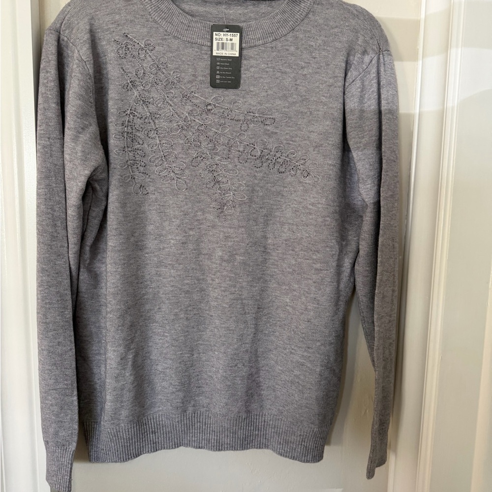 Gray Embellished Long Sleeve Sweater